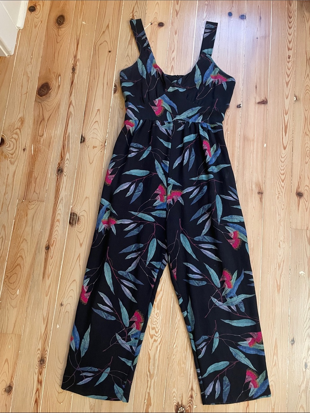 Black Floral Wide-Leg Jumpsuit with Straps